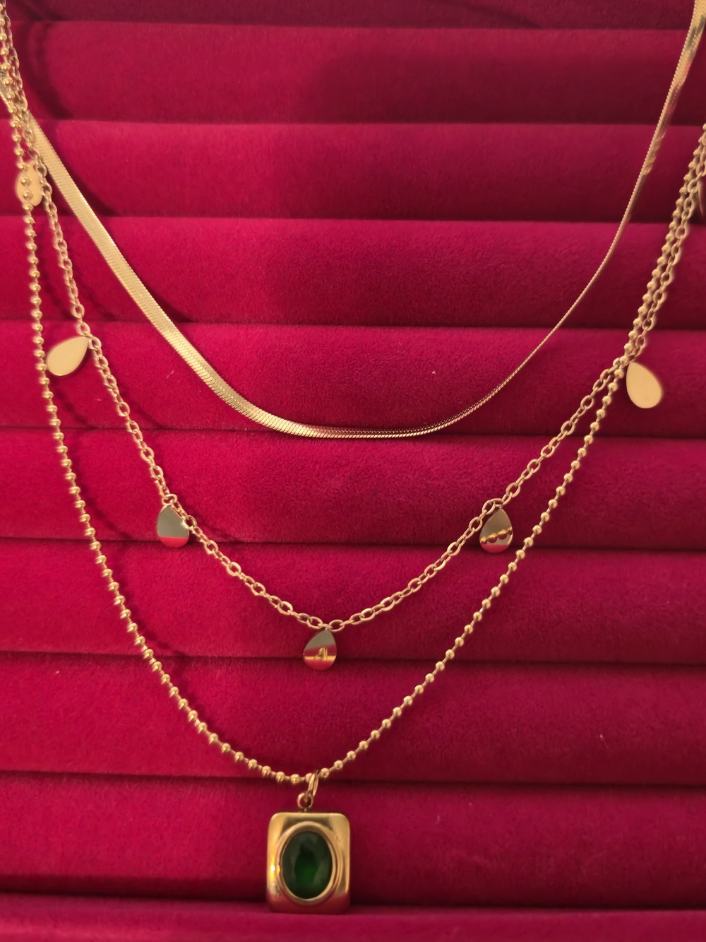 18K Gold Layered Necklace w/ Green Zircon Accent (B002) - Picture 4 of 12